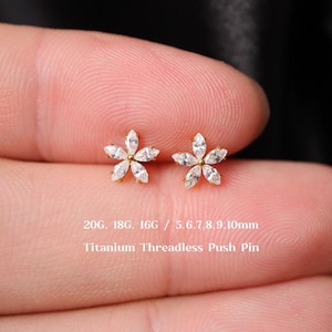 20G/18G/16G Titanium Flower Cz Threadless Push Pin Labret, Cz Flat Back Earring, Cartilage Stud, Tragus Stud, Helix, Conch, Cz Nose Stud
