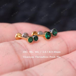 20G/18G/16G Emerald Cz Threadless Push Pin Labret, Green Cz Titanium Flat Back Earring, Cartilage, Tragus, Helix, Conch, Nose Stud