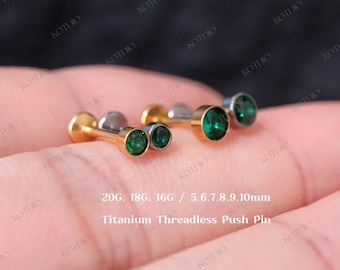 20G/18G/16G Emerald Cz Threadless Push Pin Labret, Green Cz Titanium Flat Back Earring, Cartilage, Tragus, Helix, Conch, Nose Stud