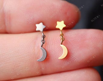 Brinco pendente de estrela e lua em titânio 20G/18G/16G com fecho plano, piercing labret sem rosca, piercing de cartilagem, piercing de tragus, piercing de hélix, piercing de concha