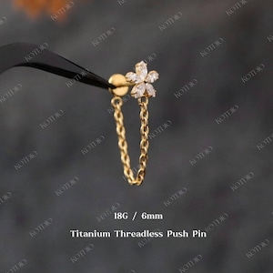 18G Titanium Flower Cz Threadless Helix Chain Push Pin Stud, Cz Flat Back Stud, Cartilage Stud, Conch Chain Earring, Chain Stud Earring