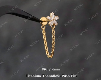 18G Titanium Flower Cz Threadless Helix Chain Push Pin Stud, Cz Flat Back Stud, Cartilage Stud, Conch Chain Earring, Chain Stud Earring