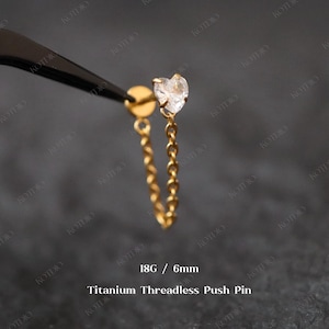 18G Titanium Heart Cz Threadless Helix Chain Push Pin Stud, Heart Flat Back Stud, Cartilage Stud, Conch Chain Earring, Heart Stud Earring