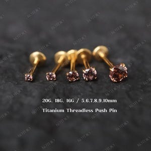 20G/18G/16G Titanium Umber Cz Flat Back Earrings, Brown Cz Threadless Push Pin Labret, Cartilage Stud, Tragus, Helix, Conch, Cz Nose Stud