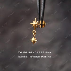 20G/18G/16G Titanium Dangle Star Flat Back Earrings, Double Star Threadless Push Pin Labret, Cartilage Stud, Tragus Helix Stud, Conch Stud