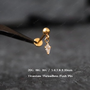 20G/18G/16G Titanium Dangle Cz Flat Back Earrings, Threadless Push Pin Labret, Cartilage Earrings, Tragus, Helix, Conch, Cz Dangle Earring