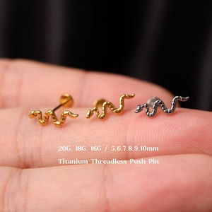 20G/18G/16G Titanium Snake Threadless Push Pin Labret, Flat Back Earring, Cartilage Stud, Tragus, Helix, Conch Earring, Gold Snake Earring