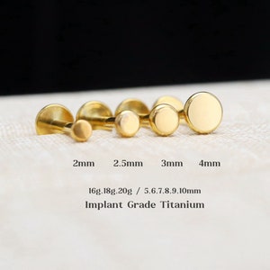 20G/18G/16G Titanium Disc Flat Back Earrings, Round Threadless Push Pin Labret, Gold Round Stud, Cartilage, Tragus, Helix, Conch, Nose Stud
