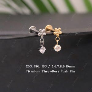 20G/18G/16G Titanium Flower Cz Dangle Threadless Push Pin Labret, Helix Flat Back Earring, Cartilage Conch Tragus Stud