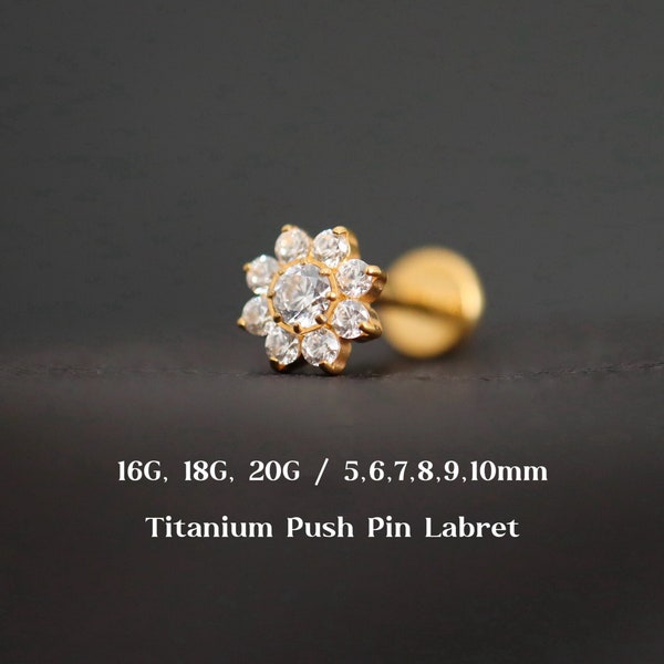 20G 18G 16G Flower Cz Flat Back Earrings, Titanium Threadless Push Pin Labret Stud, Cartilage, Tragus, Helix, Conch, Nose Stud, 5mm-10mm