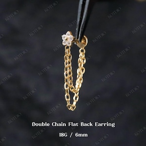 18G Titanium Double Chain Flower Cz Threadless Push Pin Stud, Cartilage Helix Conch Chain Earring, Chain Earring, Nostril Septum Piercing