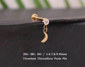 Piercing Labret sem rosca com zircônia cúbica em titânio, calibre 20G/18G/16G, modelo lua, para hélice ou tragus.