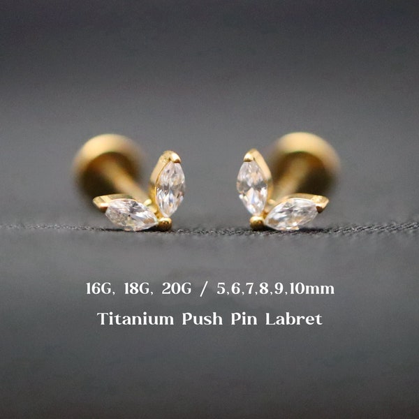 Titanium Cz Push Pin Labret, Threadless Flat Back Earrings, Cartilage Stud, Tragus Stud, Helix, Conch, Nose Stud, 16G 18G 20G, 5mm-10mm