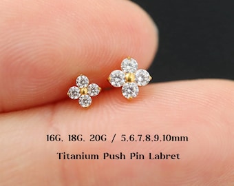 20G 18G 16G Titanium Flower Cz Flat Back Earrings, Dainty Threadless Push Pin Labret Stud, Cartilage, Tragus, Helix Conch, Nose Stud, 5-10mm