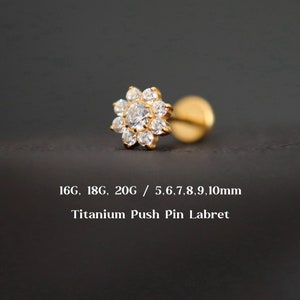 20G/18G/16G Titanium Flower Cz Flat Back Earrings, Cz Threadless Push Pin Labret Stud, Cartilage, Tragus, Helix, Conch, Nose Stud, 5mm-10mm