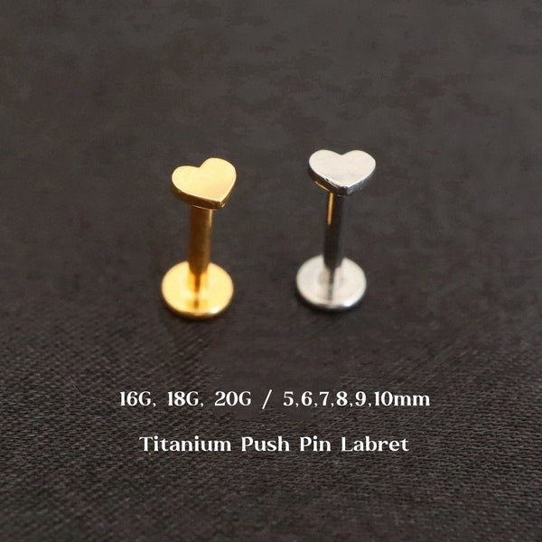 20G 18G 16G Titanium Heart Threadless Push Pin Labret, Flat Back Earring, Cartilage Stud, Tragus Helix, Conch, Heart Nose Stud, 5mm-10mm