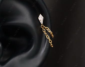 18G Titanium Cz Threadless Helix Double Chain Push Pin Stud, Cartilage Conch Chain Stud Earring, Nostril Septum Piercing