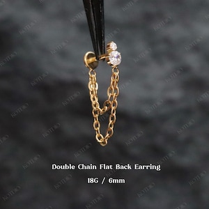 18G Titanium Double Chain Cz Threadless Push Pin Stud, Cartilage Helix Conch Chain Earring, Chain Stud Earring, Nostril Septum Piercing