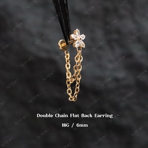 18G Titanium Double Chain Flower Cz Threadless Push Pin Stud, Cartilage Helix Conch Chain Earring, Chain Earring, Nostril Septum Piercing