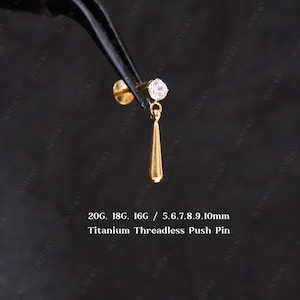 20G/18G/16G Titanium Cz Bar Dangle Threadless Push Pin Labret, Helix Flat Back Earring, Cartilage Conch Tragus Stud
