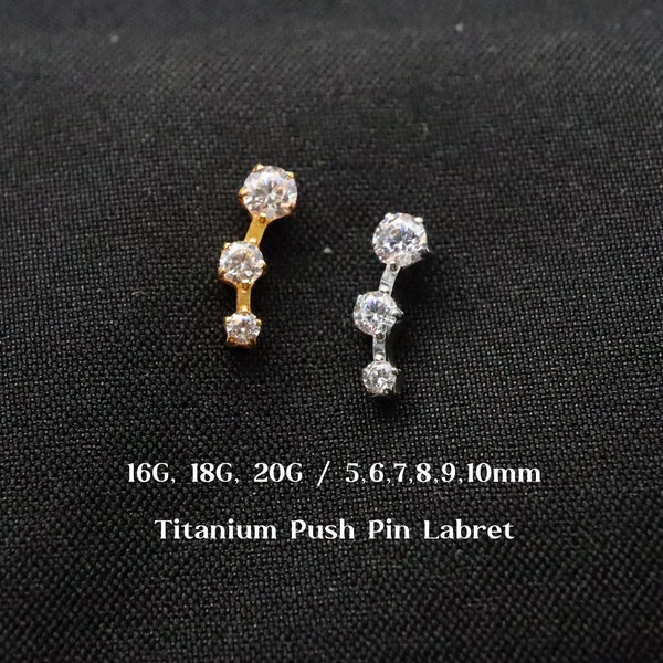 20G 18G 16G Titanium Climber Cz Push Pin Labret, Threadless Flat Back Earrings, Cartilage, Tragus, Helix, Conch, Minimalist Earrings