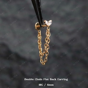 18G Titanium Double Chain Cz Triangle Threadless Push Pin Stud, Cz Cartilage Helix Conch Chain Earring, Flower Chain Earring, Nose Piercing