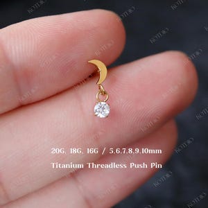 20G/18G/16G Titanium Moon Dangle Cz Flat Back Earring, Threadless Push Pin Labret, Cartilage Earring, Tragus Stud, Helix Stud, Conch Stud