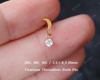 Brinco pendente de lua em titânio 20G/18G/16G com zircônia cúbica e base plana, modelo labret sem rosca, ideal para cartilagem, tragus, hélix e concha.