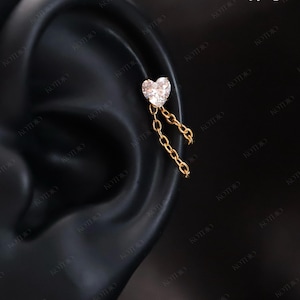 18G Titanium Double Chain Heart Cz Threadless Push Pin Stud, Cartilage Helix Conch Chain Earring, Chain Earring, Nostril Septum Piercing