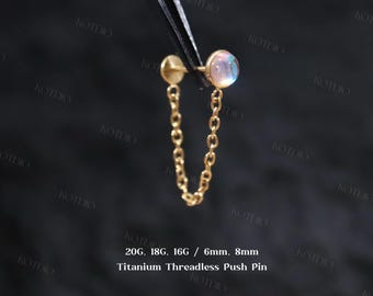 16G/18G/20G Titanium Moonstone Threadless Helix Chain Push Pin Stud, Flat Back Earring, Cartilage Conch Chain Helix Stud Earring