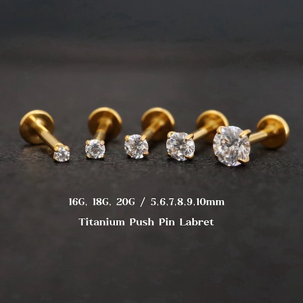 20G 18G 16G Titanium Cz Flat Back Earrings, Cz Threadless Push Pin Labret Stud, Cartilage, Tragus, Helix, Conch Nose Stud, Gold Diamond Stud