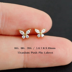 Butterfly Cz Titanium Flat Back Earrings, Threadless Push Pin Labret Stud, Cartilage, Tragus, Helix, Conch Nose Stud, 16g 18g 20g