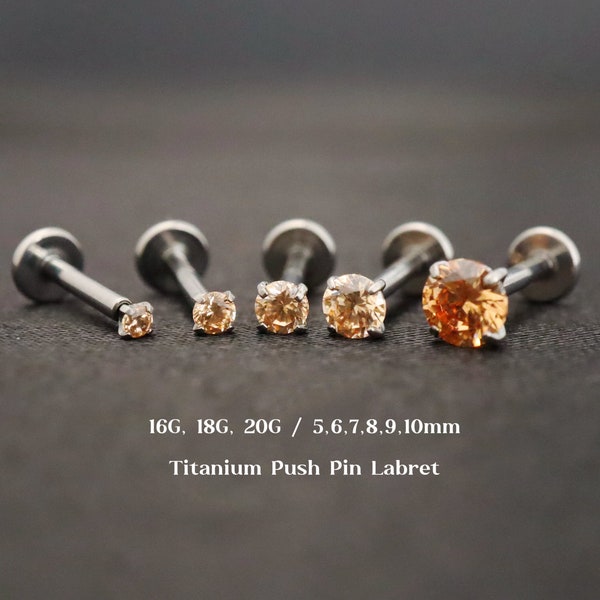 20G 18G 16G Titanium Citrine Cz Titanium Flat Back Earrings, Threadless Push Pin Labret Stud, Cartilage, Tragus, Helix, Conch, Nose Stud