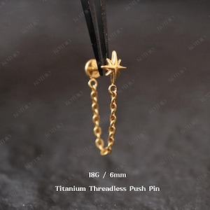 18G Titanium Star Threadless Helix Chain Push Pin Stud, Cartilage Conch Chain Earring, Chain Stud Earring, Nostril Septum Piercing