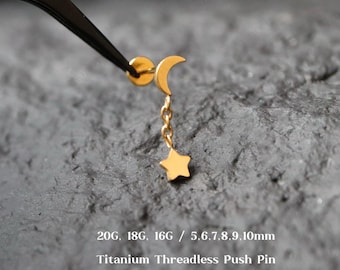 Brinco pendente de titânio com lua e estrela, calibre 20G/18G/16G, fecho plano, piercing labret sem rosca, piercing de cartilagem, piercing de tragus, piercing de hélix, piercing de concha.