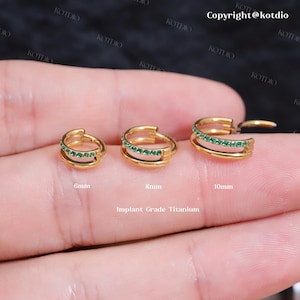 16G/18G Titanium Emerald Cz Double Hoop Earring, Cartilage Helix Conch Daith Tragus Earring, Hinged Segment Nose Ring, Septum Clicker Ring