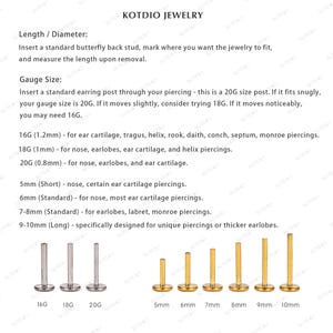 May include: A close-up of a variety of sizes of surgical steel and gold body jewelry. The jewelry is displayed on a white background. The sizes are labeled in millimeters and gauge sizes. The gauge sizes are 16G, 18G, and 20G. The millimeter sizes are 5mm, 6mm, 7mm, 8mm, 9mm, and 10mm.