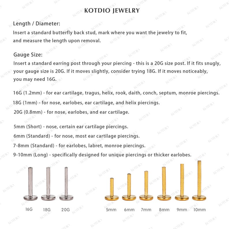 May include: A close-up of a variety of sizes of surgical steel and gold body jewelry. The jewelry is displayed on a white background. The sizes are labeled in millimeters and gauge sizes. The gauge sizes are 16G, 18G, and 20G. The millimeter sizes are 5mm, 6mm, 7mm, 8mm, 9mm, and 10mm.
