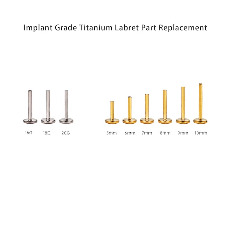 May include: Titanium labret jewelry parts in various sizes and gauges. The parts are made of implant grade titanium and are available in silver and gold.