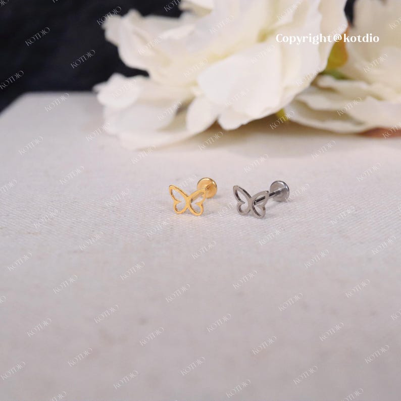 20G/18G/16G Titanium Butterfly Threadless Push Pin Labret, Butterfly Flat Back Earrings, Cartilage Earring, Tragus Helix Conch Nose Stud image 7