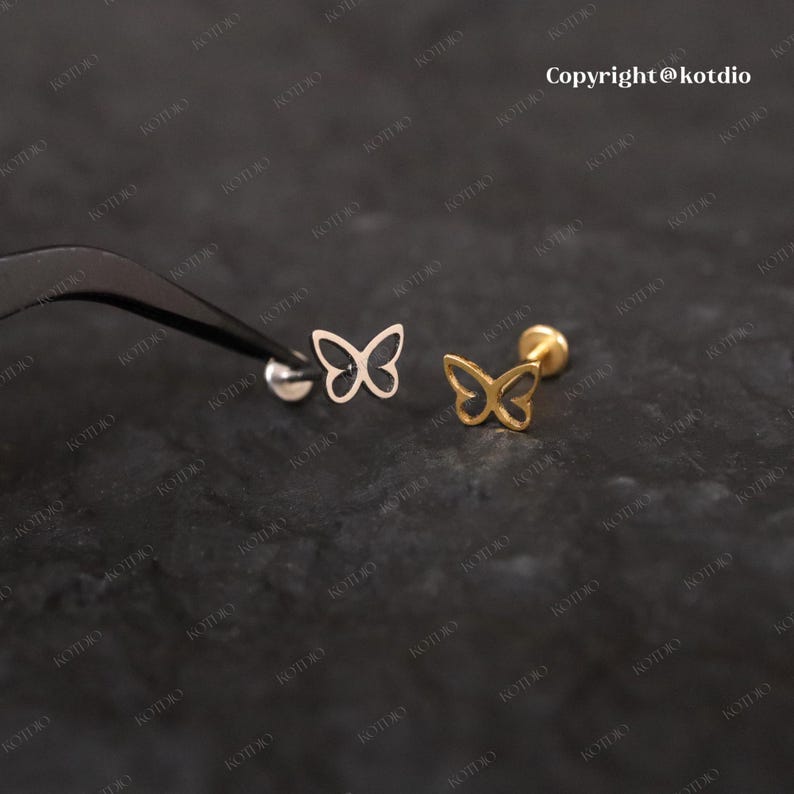20G/18G/16G Titanium Butterfly Threadless Push Pin Labret, Butterfly Flat Back Earrings, Cartilage Earring, Tragus Helix Conch Nose Stud image 6