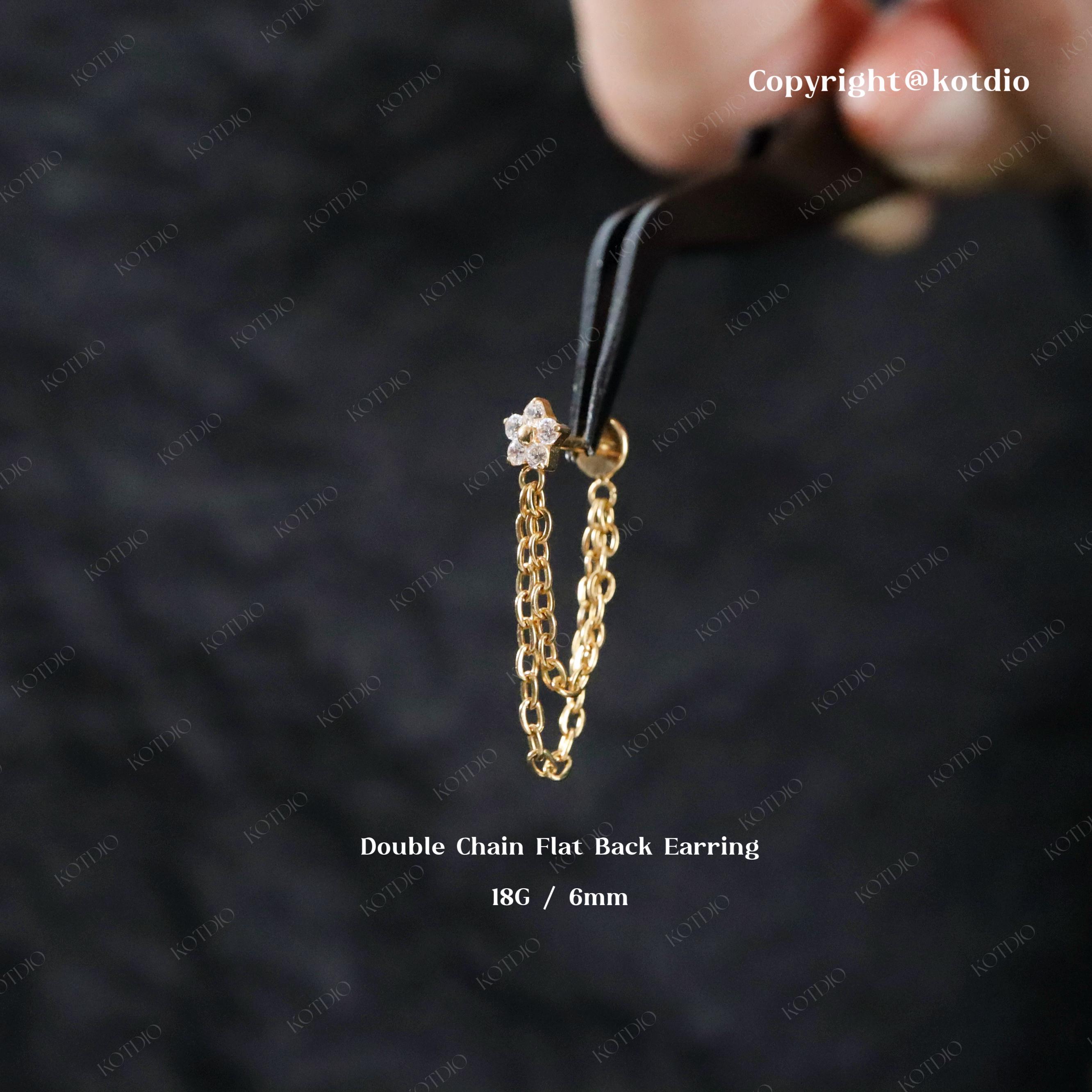 18G Titanium Double Chain Flower Cz Threadless Push Pin Stud, Cartilage Helix Conch Chain Earring, Chain Earring, Nostril Septum Piercing