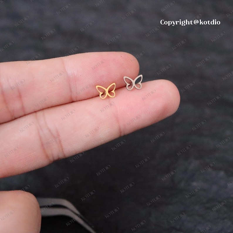 20G/18G/16G Titanium Butterfly Threadless Push Pin Labret, Butterfly Flat Back Earrings, Cartilage Earring, Tragus Helix Conch Nose Stud image 5