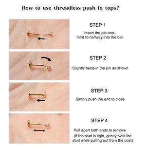 May include: A step-by-step guide on how to use threadless push-in tops for jewelry. The guide shows how to insert the pin, bend it, push the end to close, and remove the top.