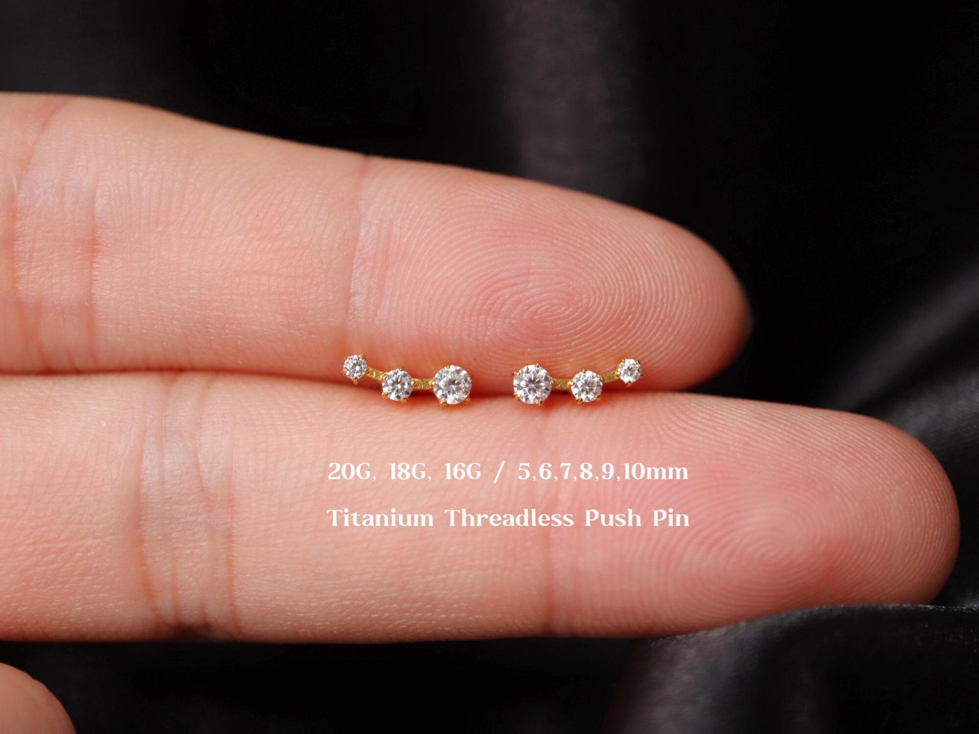 20G/18G/16G Titanium Climber Cz Threadless Push Pin Labret, Curved Cz Flat Back Earring, Cartilage Stud, Tragus Stud, Helix Conch Earring