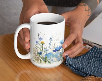 Floral Wildflower Ceramic Mug, Cottagecore Coffee Cup, 15oz