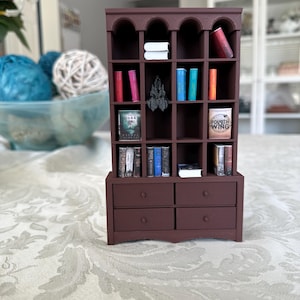 Miniature Dollhouse Shelf | 1:12 Scale | Fits Chaos Copilot Mini Book Blanks & Fantasy Romance Book Covers| Working Drawers