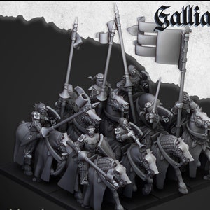 May include: A grayscale image of a mounted medieval army. The knights are armored and carry lances, swords, and banners. The word "Gallia" is displayed in a stylized font at the top right.