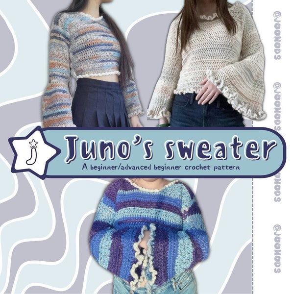 Juno's Sweater - Flare/bell sleeve ruffle sweater crochet digital pattern PDF