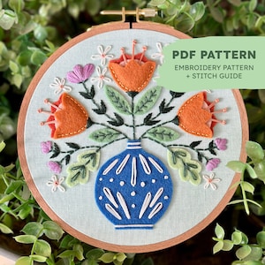Hand Embroidery Pattern | Vibrant Vase | Felt Embroidery Pattern | Intermediate Embroidery Pattern | PDF Embroidery Pattern + Stitch Guide